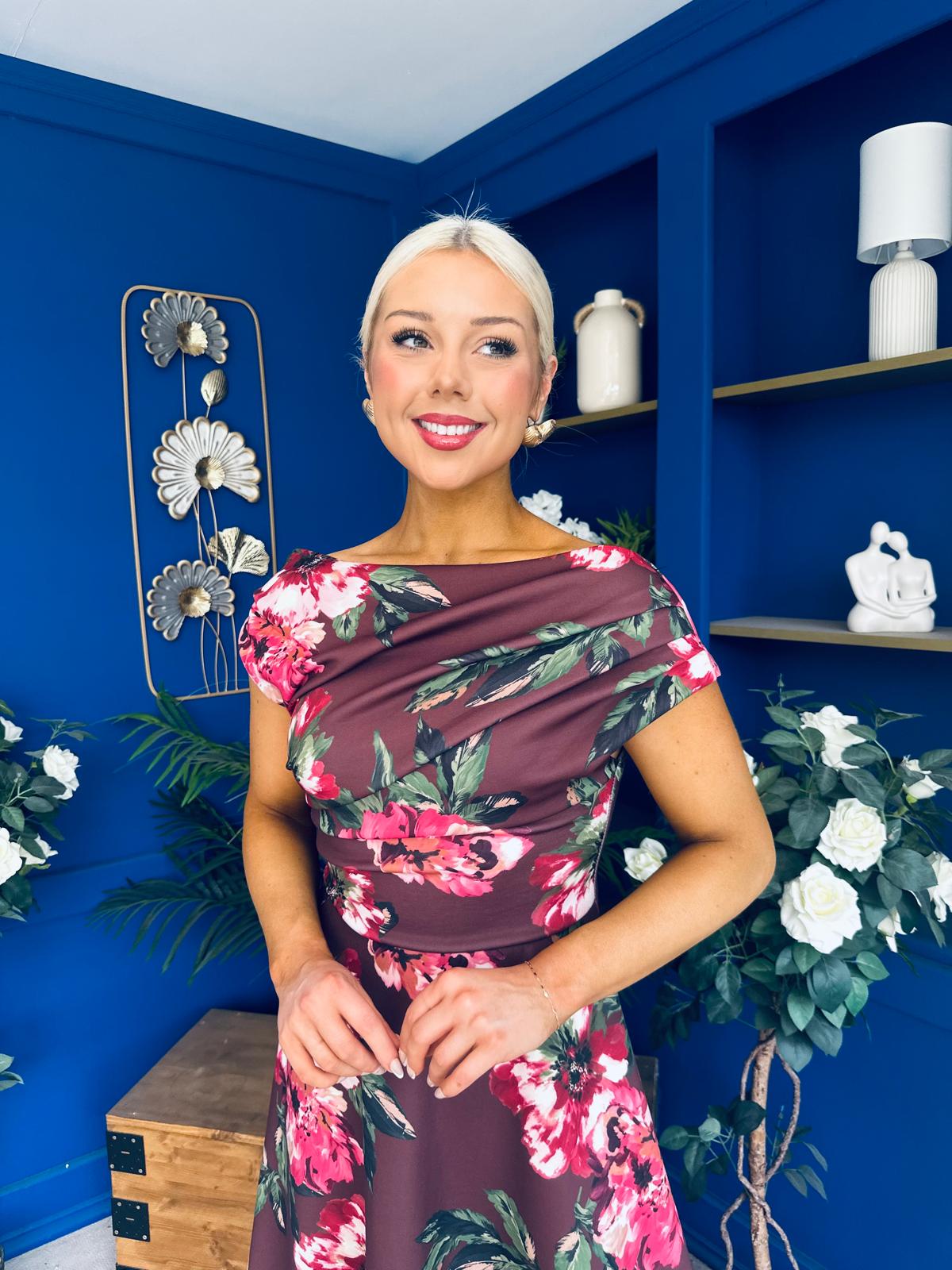 Tracey Detailed Midi Dress Floral Chocolate