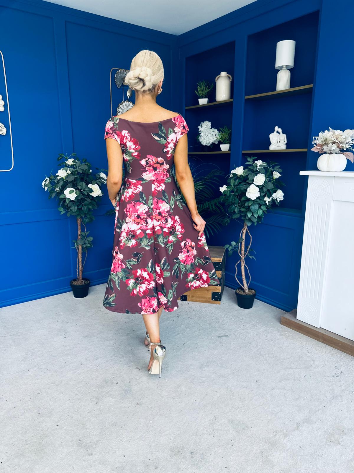Tracey Detailed Midi Dress Floral Chocolate