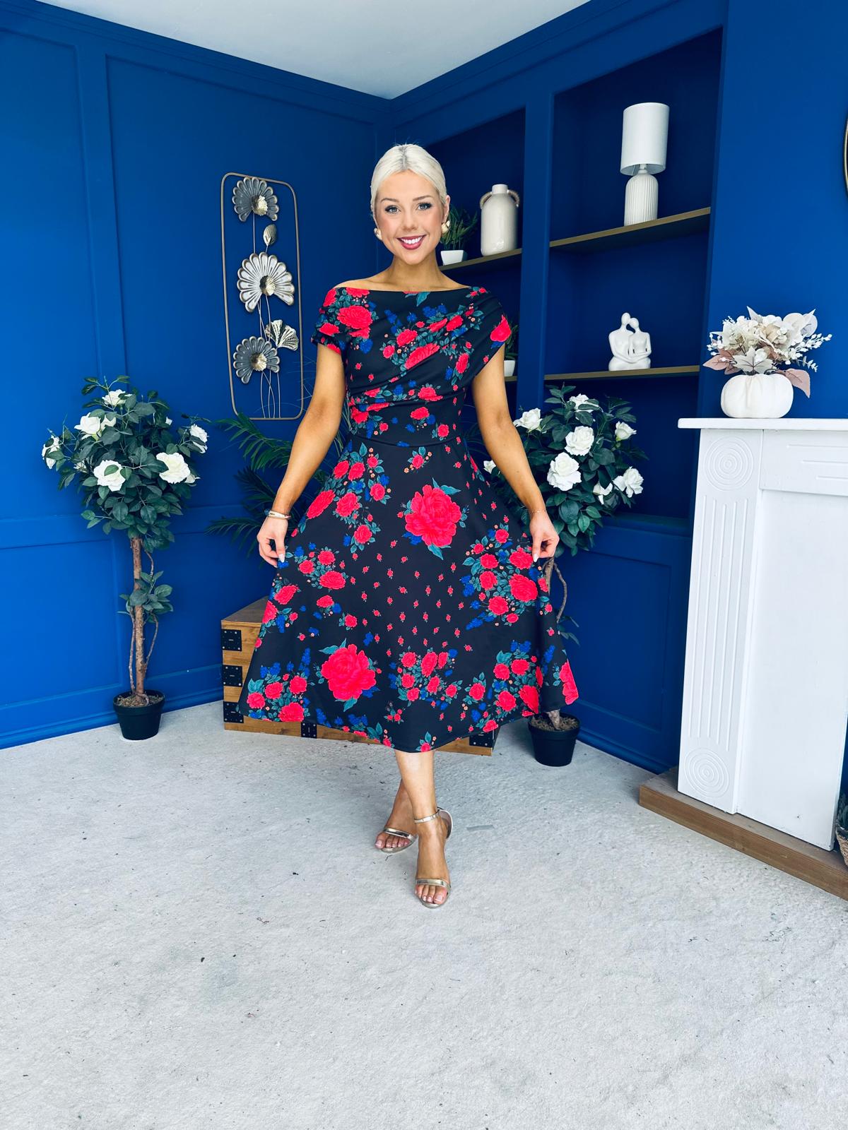 Tracey Detailed Midi Dress Floral Black
