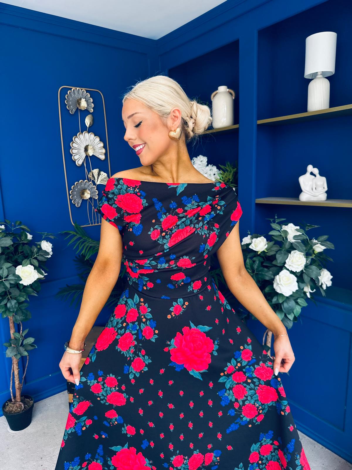 Tracey Detailed Midi Dress Floral Black