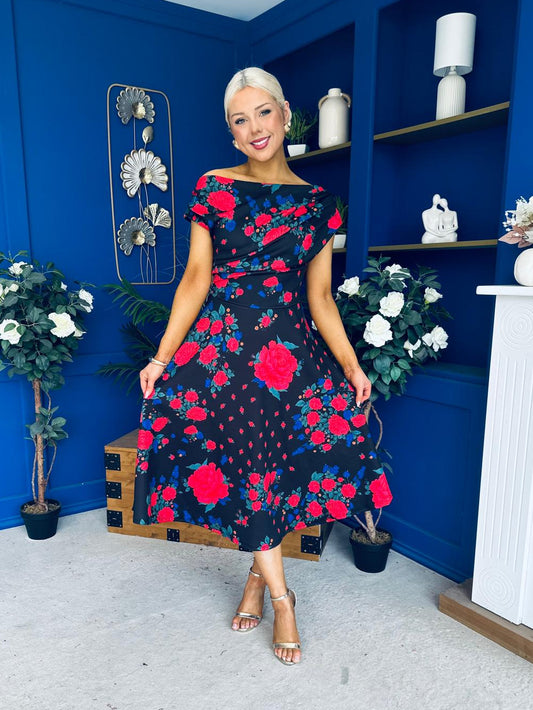 Tracey Detailed Midi Dress Floral Black