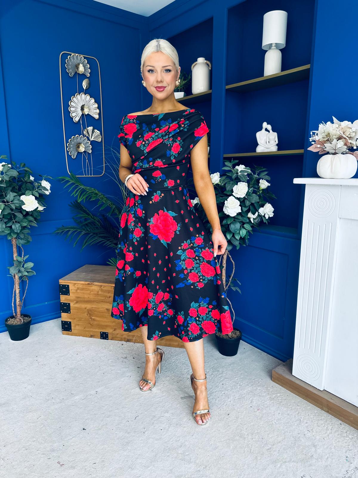 Tracey Detailed Midi Dress Floral Black