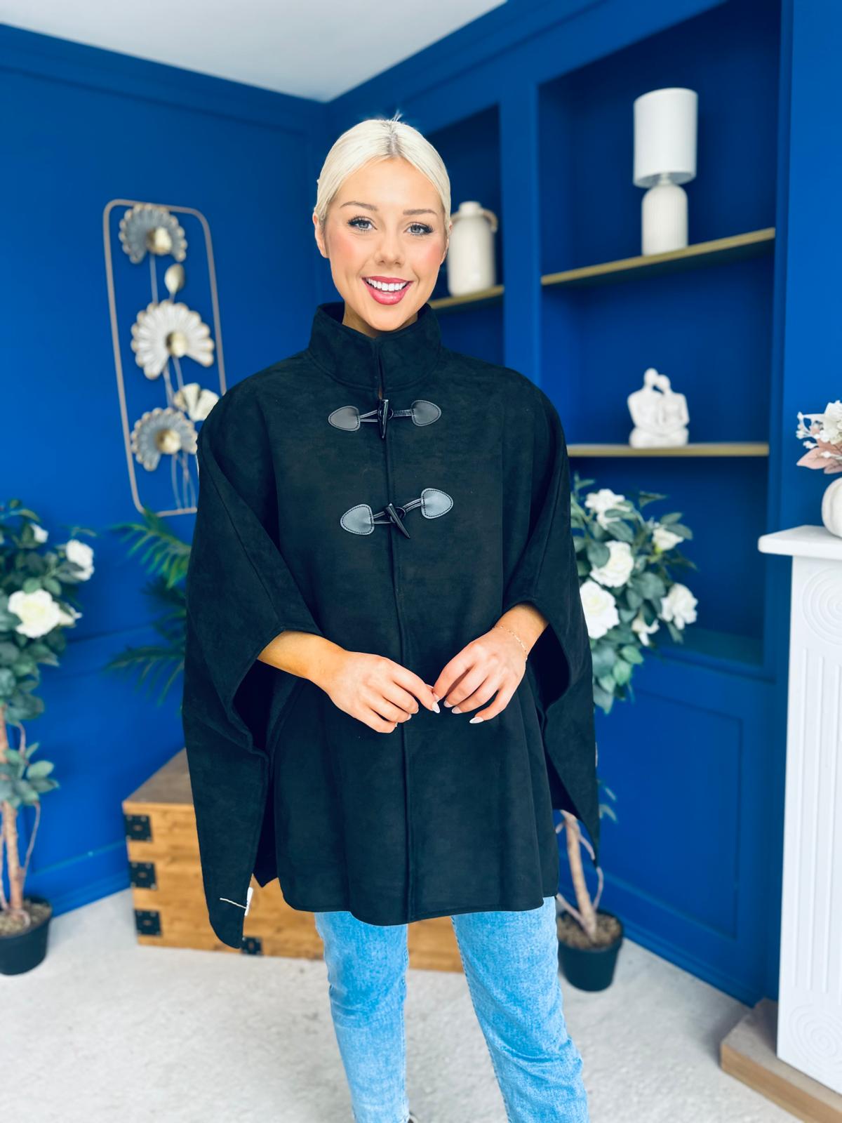 Rachel Toggle & Rope Poncho Black