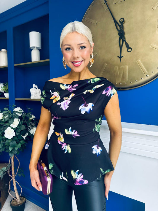 Heather Pleat Detail Top Floral Black