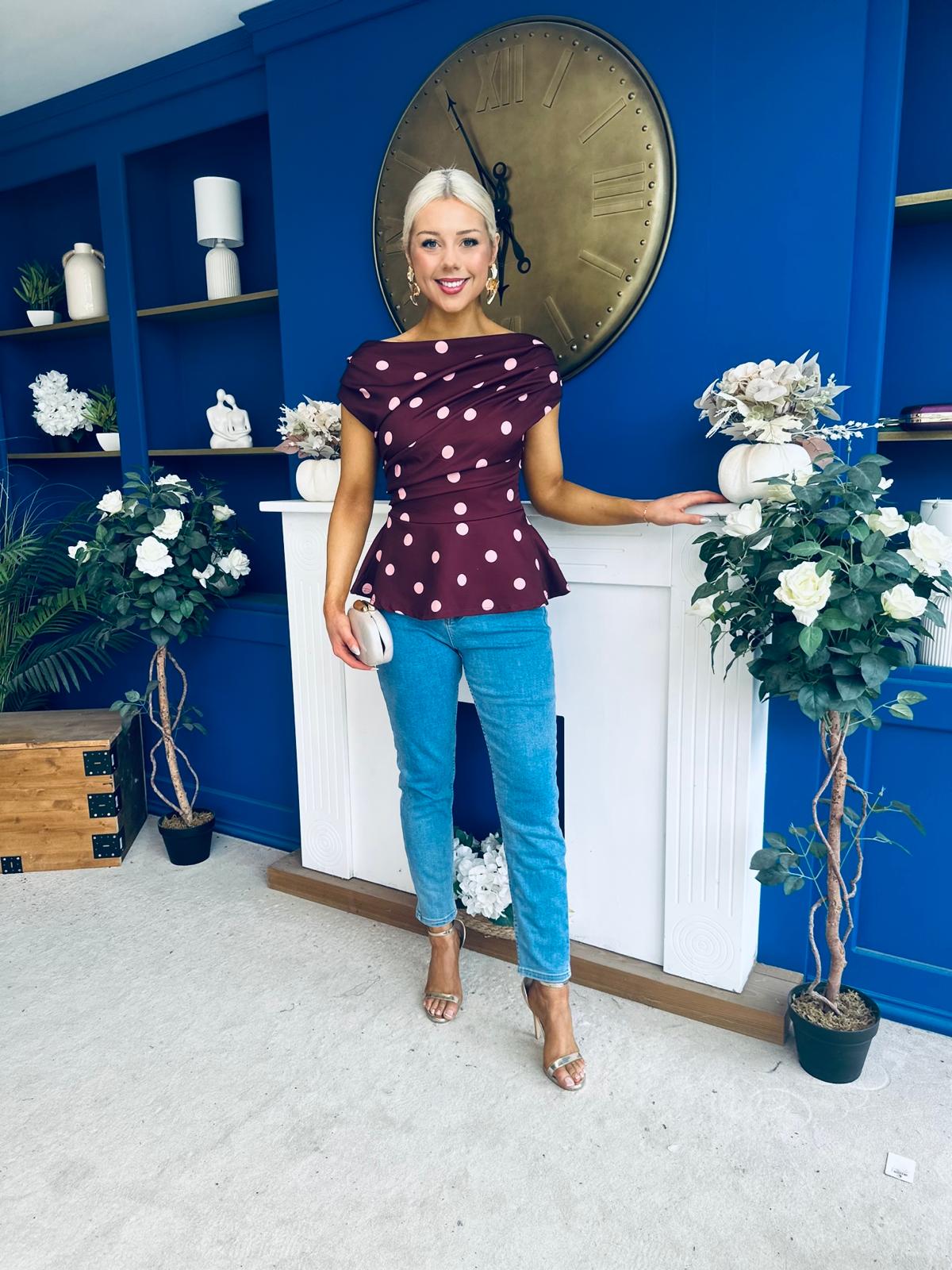 Heather Pleat Detail Top Polka Burgundy