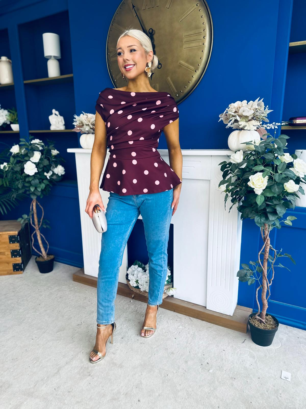 Heather Pleat Detail Top Polka Burgundy