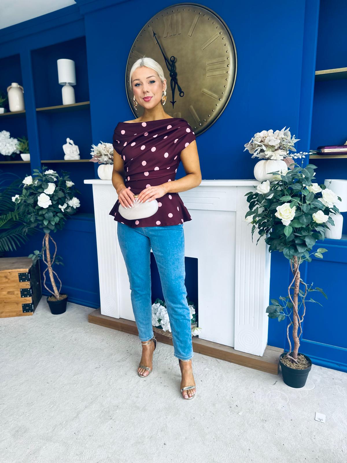Heather Pleat Detail Top Polka Burgundy