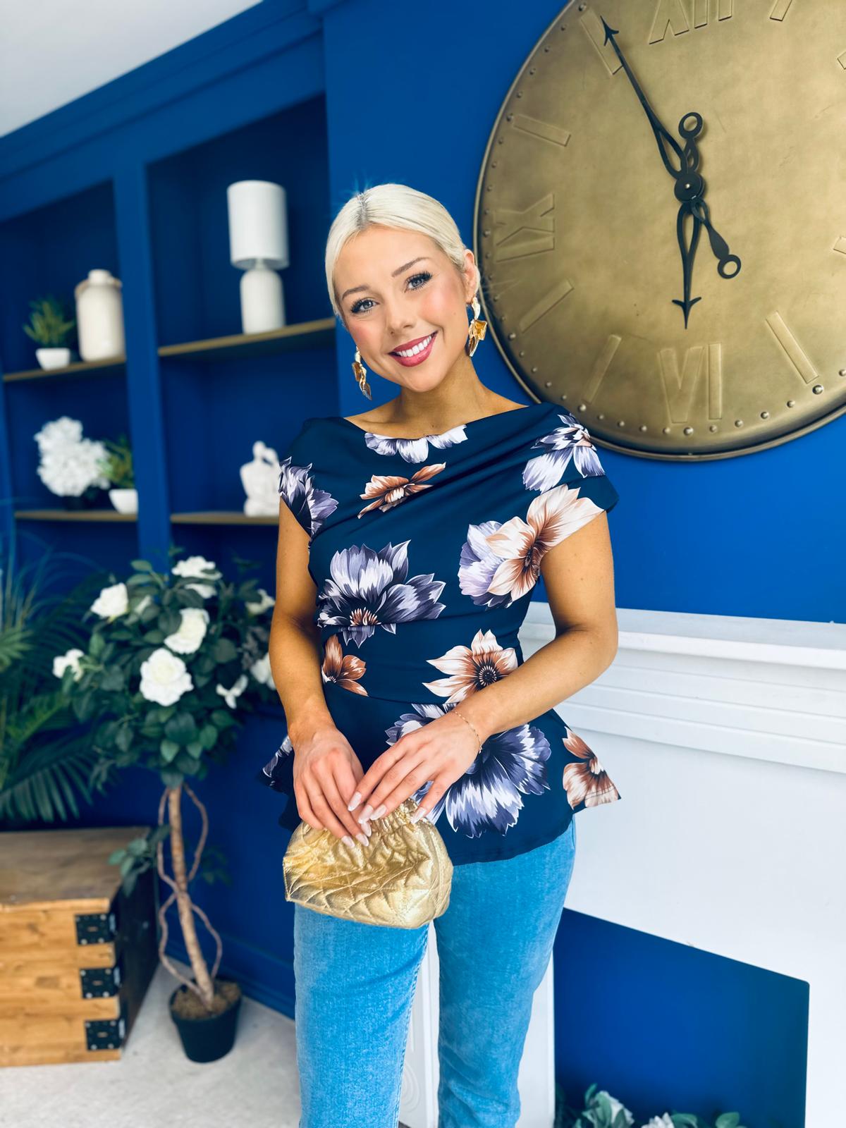 Heather Pleat Detail Top Floral Navy