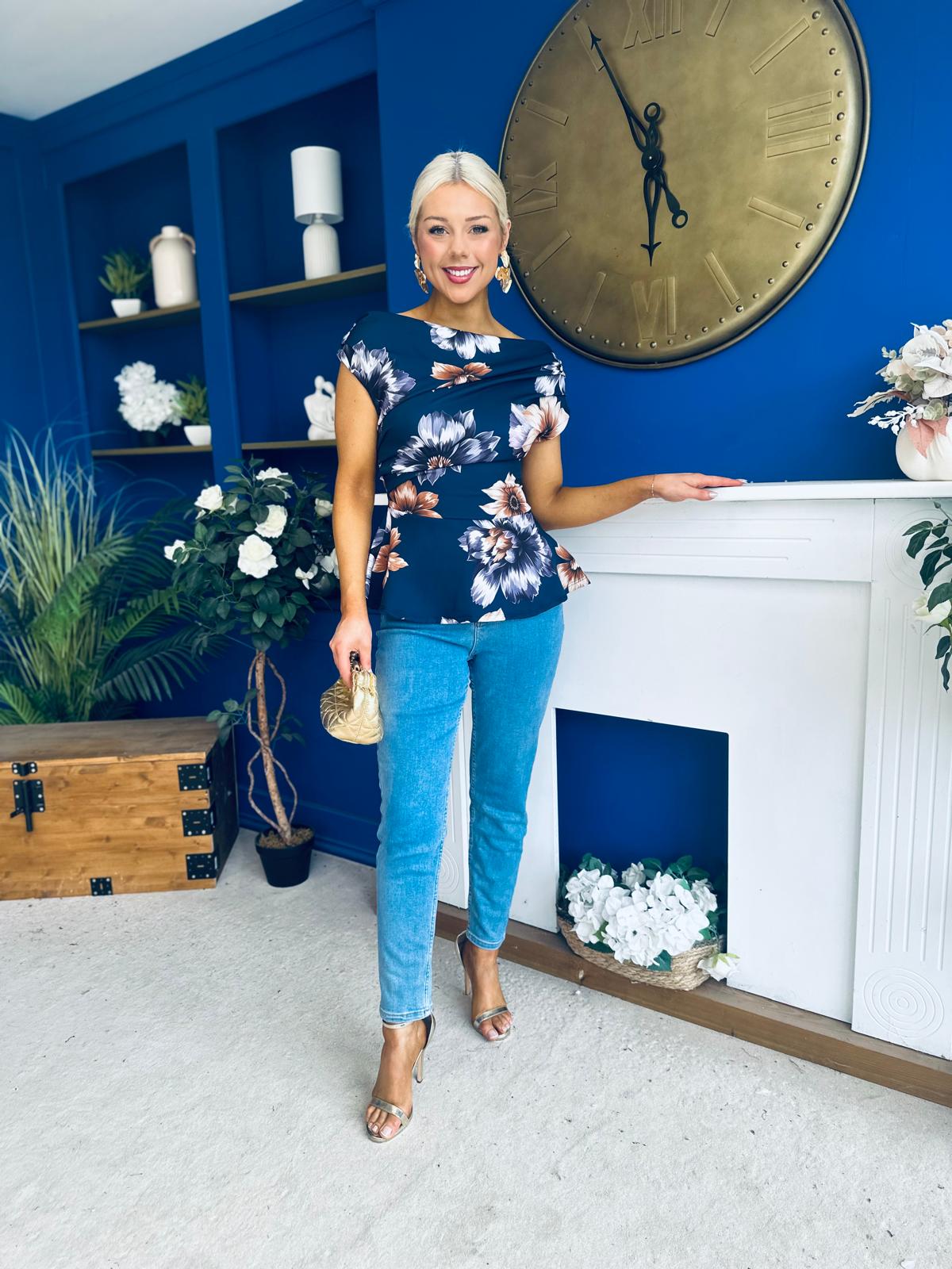 Heather Pleat Detail Top Floral Navy