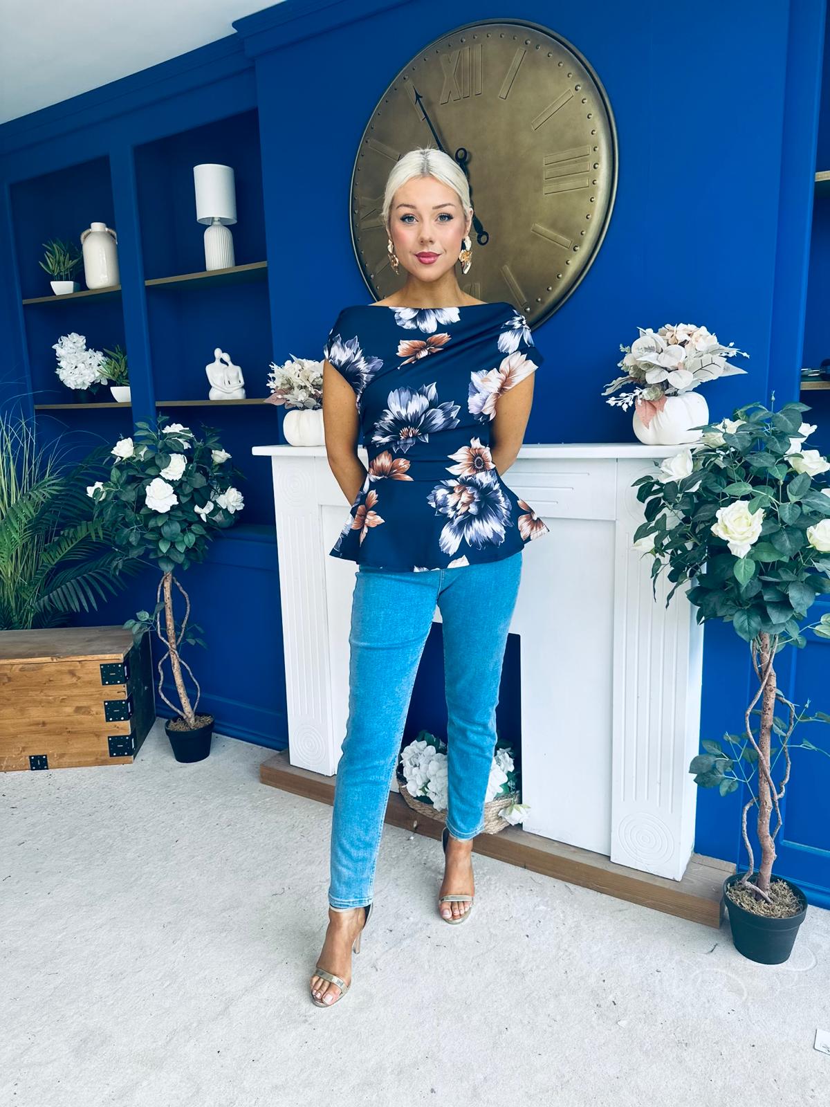 Heather Pleat Detail Top Floral Navy