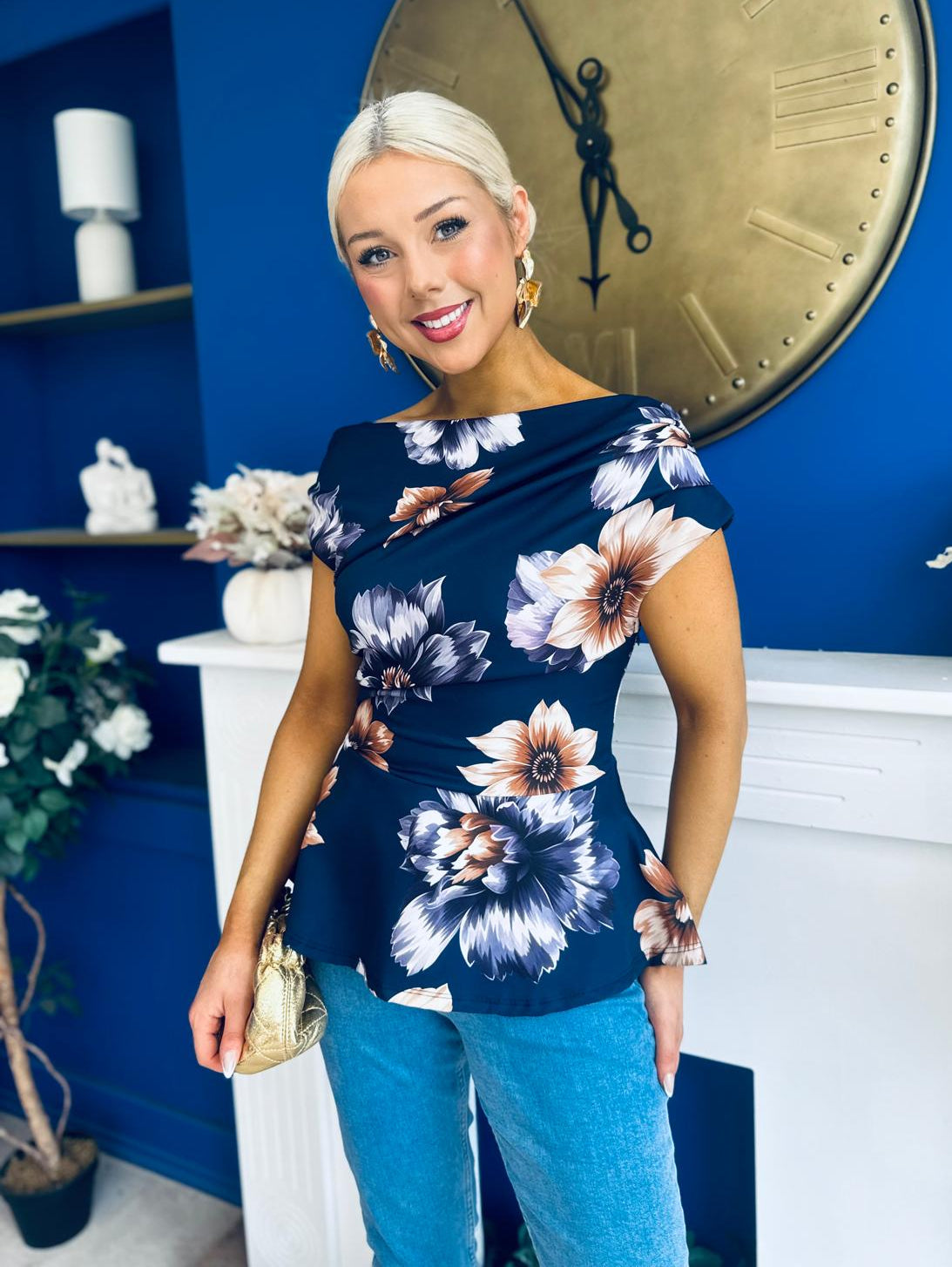 Heather Pleat Detail Top Floral Navy