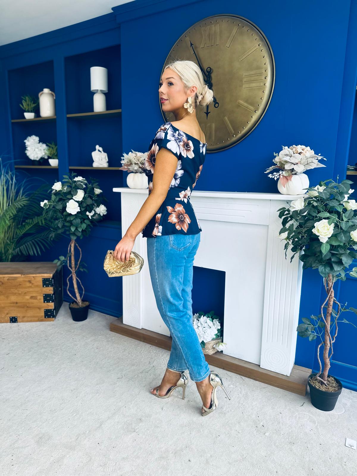 Heather Pleat Detail Top Floral Navy