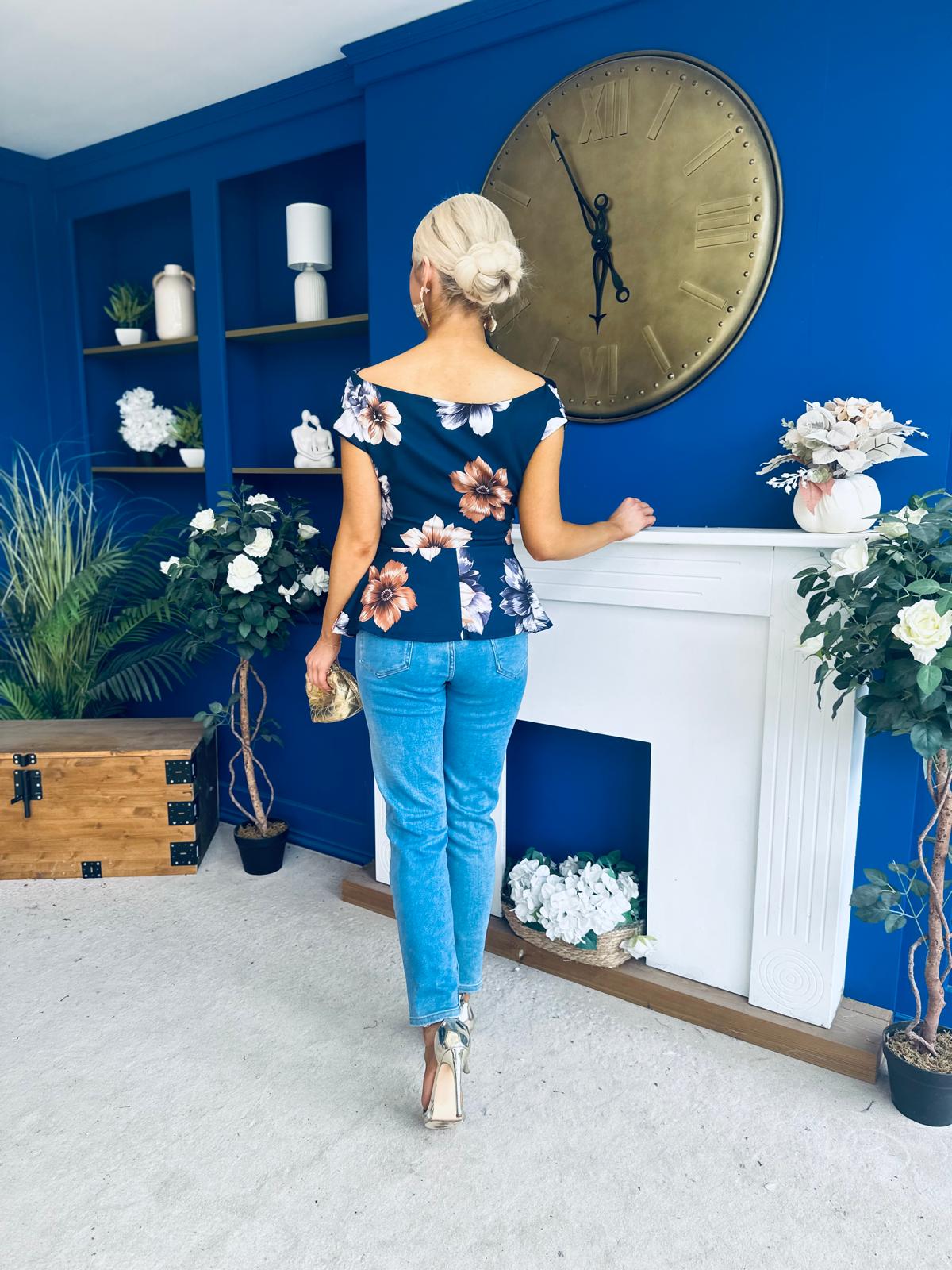 Heather Pleat Detail Top Floral Navy