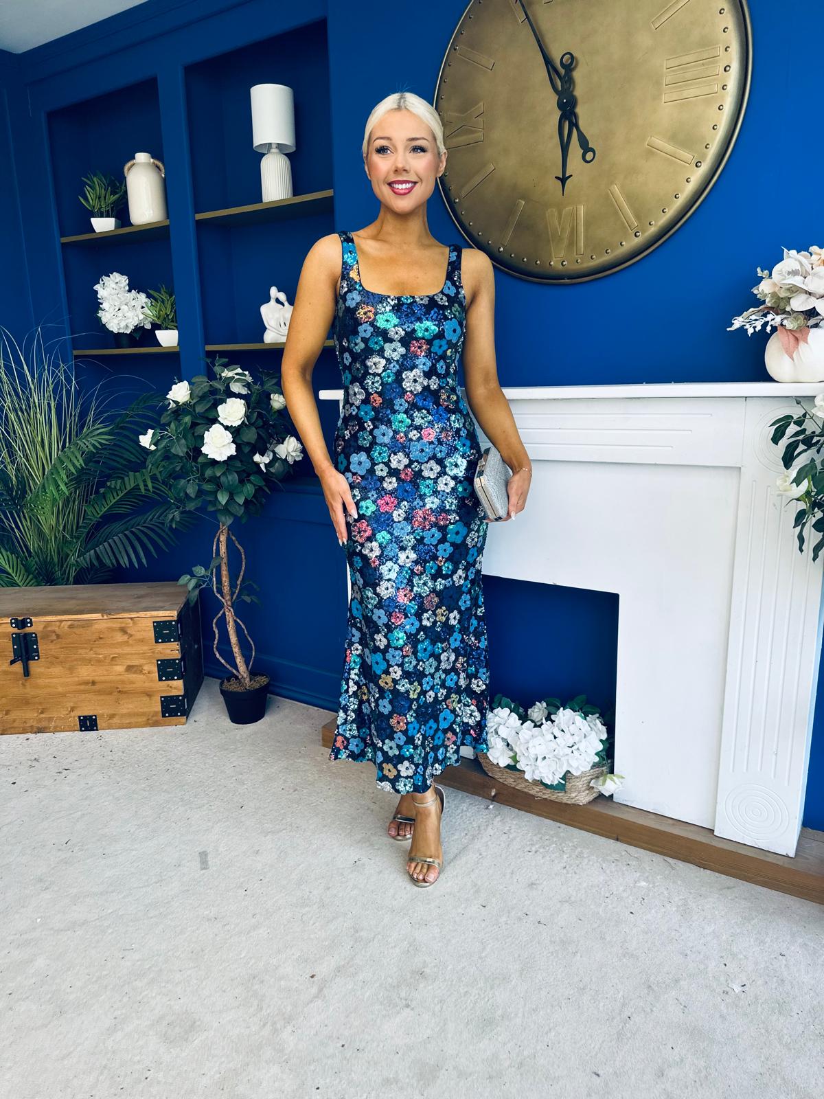 Lisbon Square Neck Sequin Midi Dress Navy