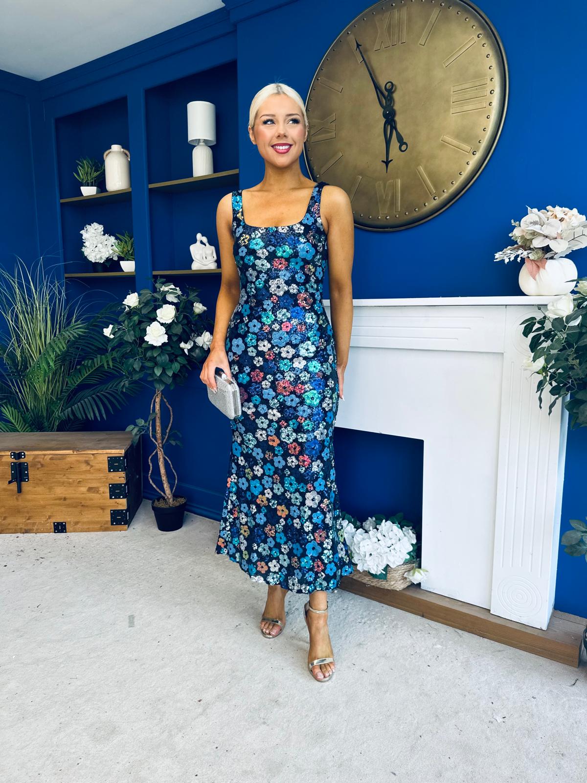 Lisbon Square Neck Sequin Midi Dress Navy