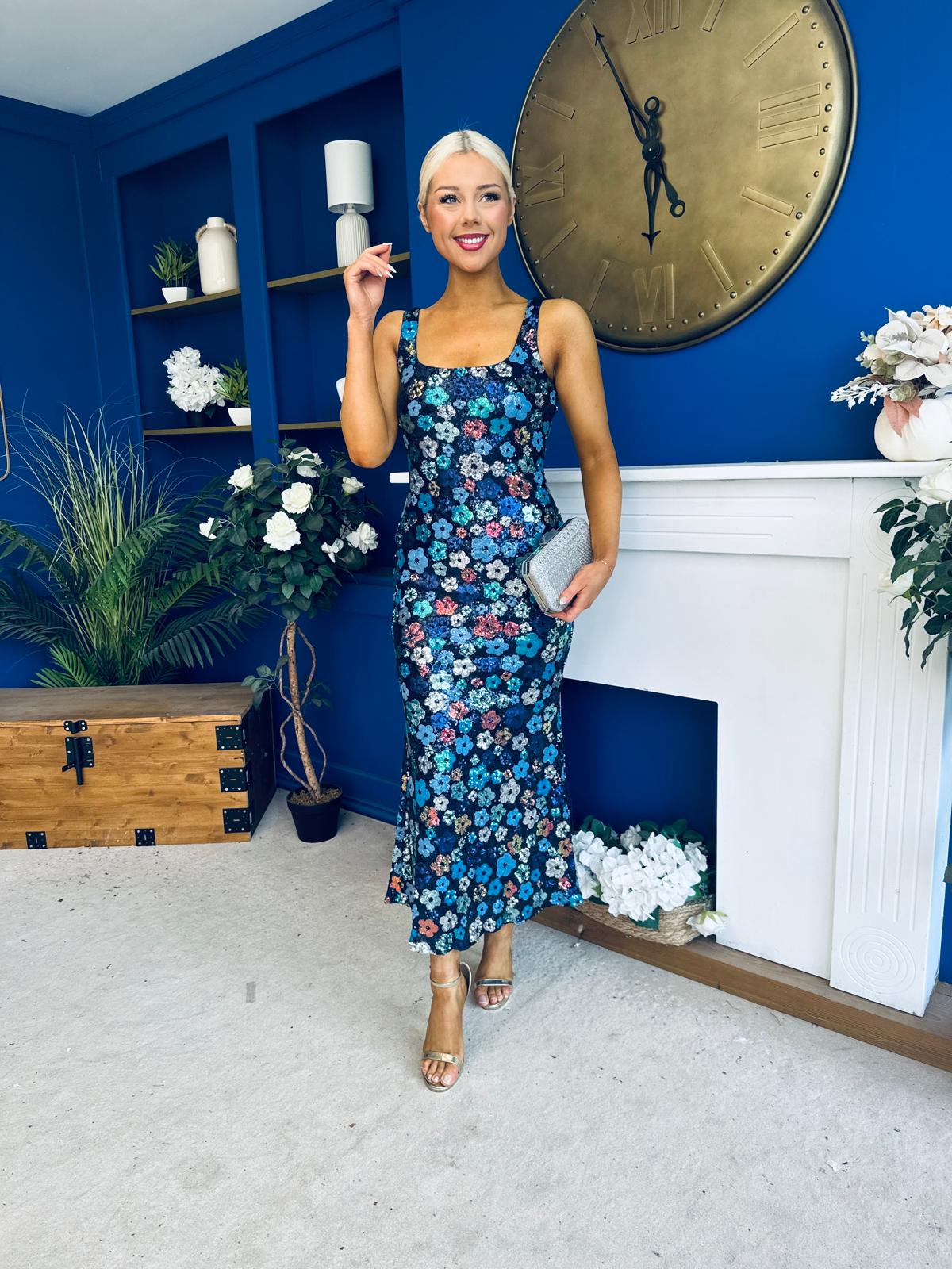 Lisbon Square Neck Sequin Midi Dress Navy