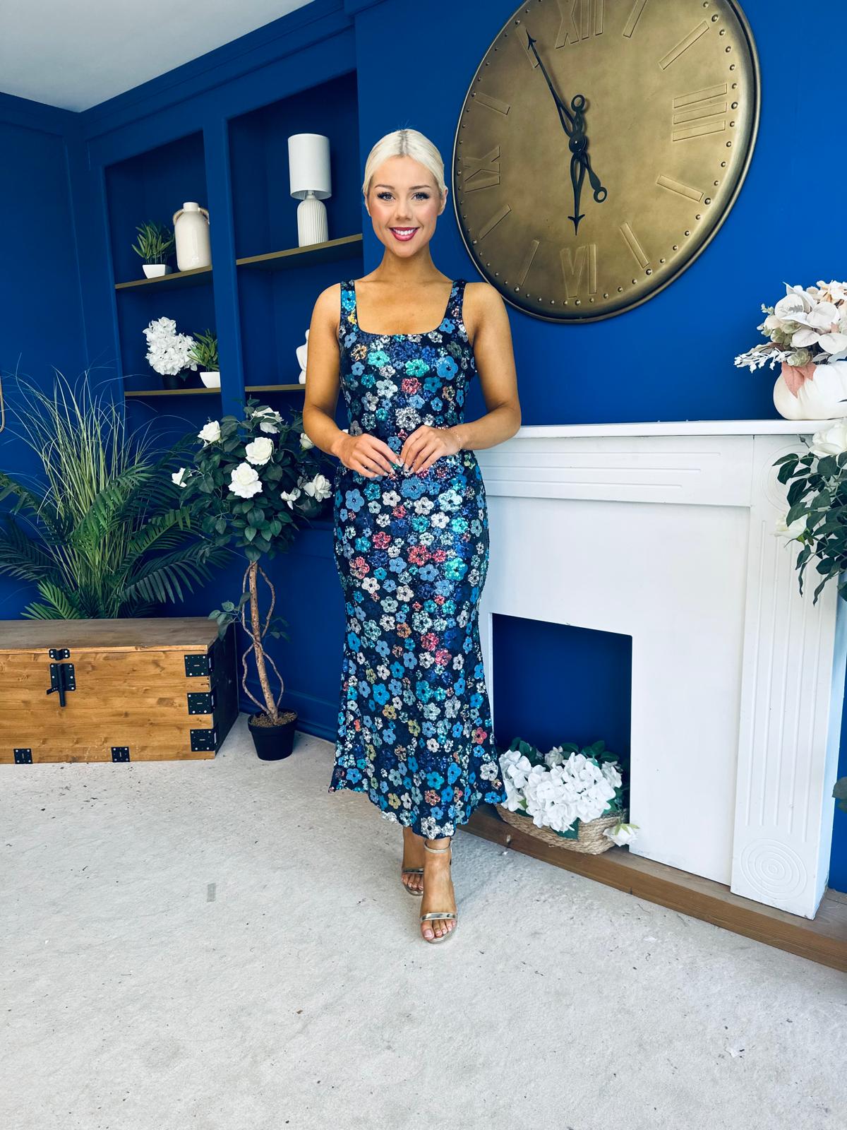 Lisbon Square Neck Sequin Midi Dress Navy
