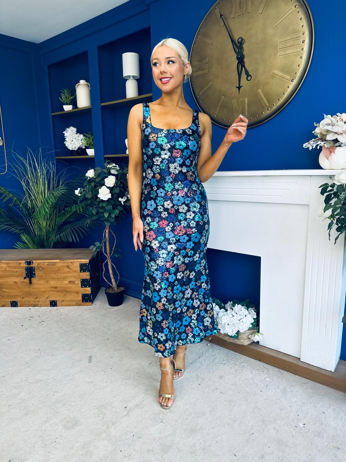 Lisbon Square Neck Sequin Midi Dress Navy