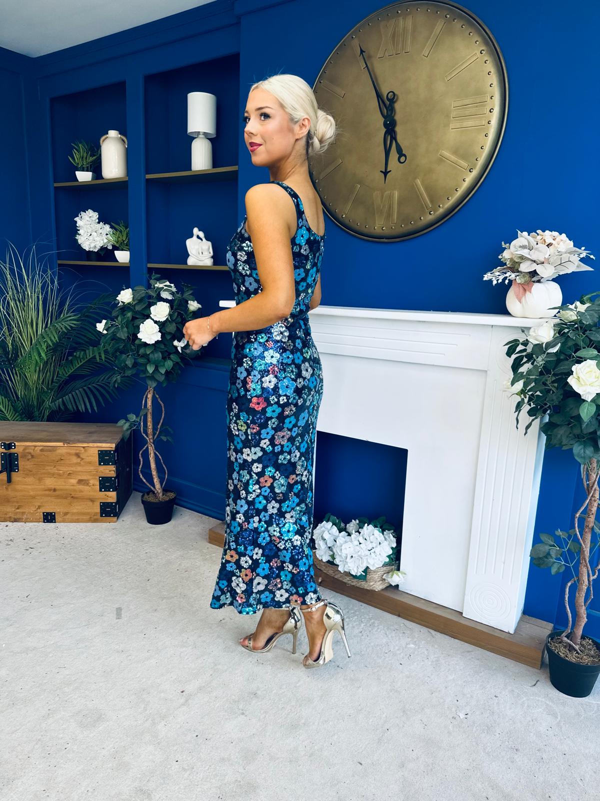 Lisbon Square Neck Sequin Midi Dress Navy