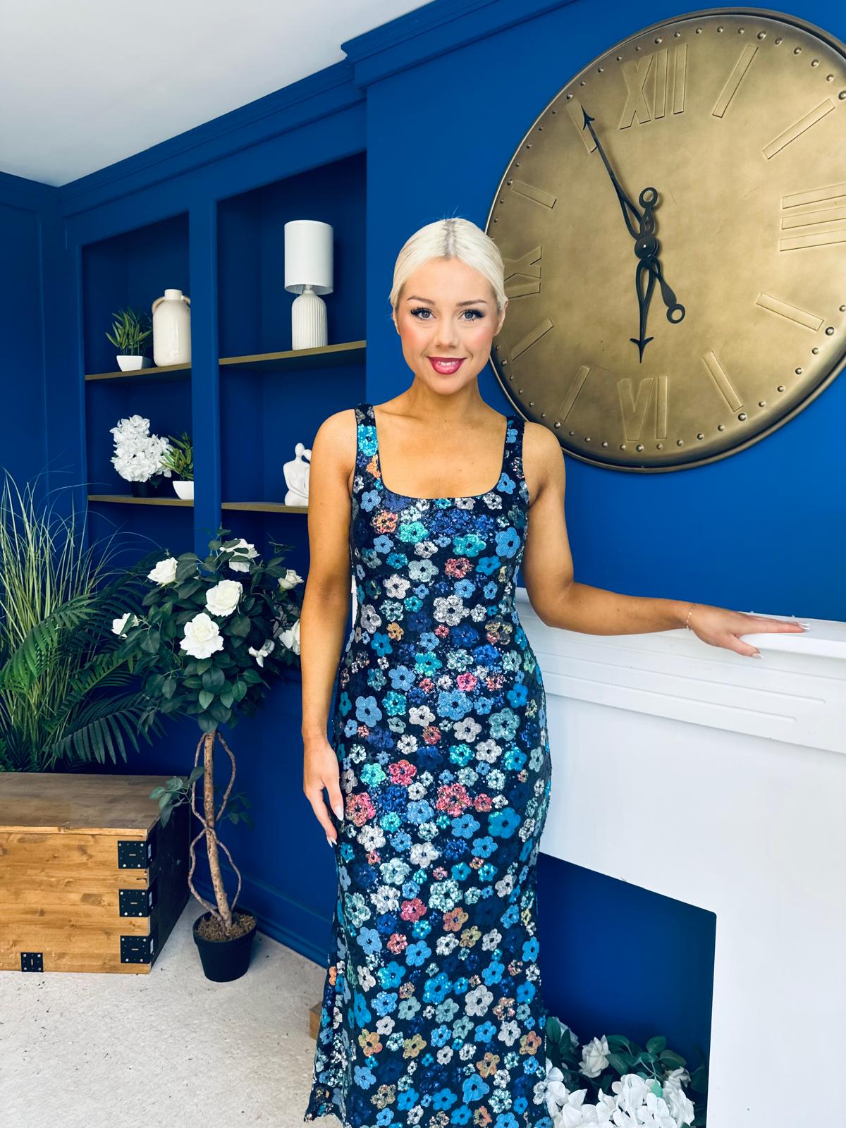 Lisbon Square Neck Sequin Midi Dress Navy