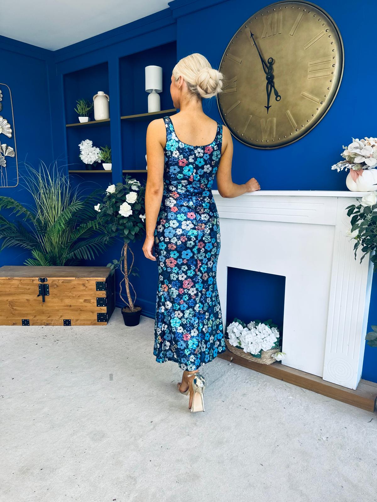 Lisbon Square Neck Sequin Midi Dress Navy