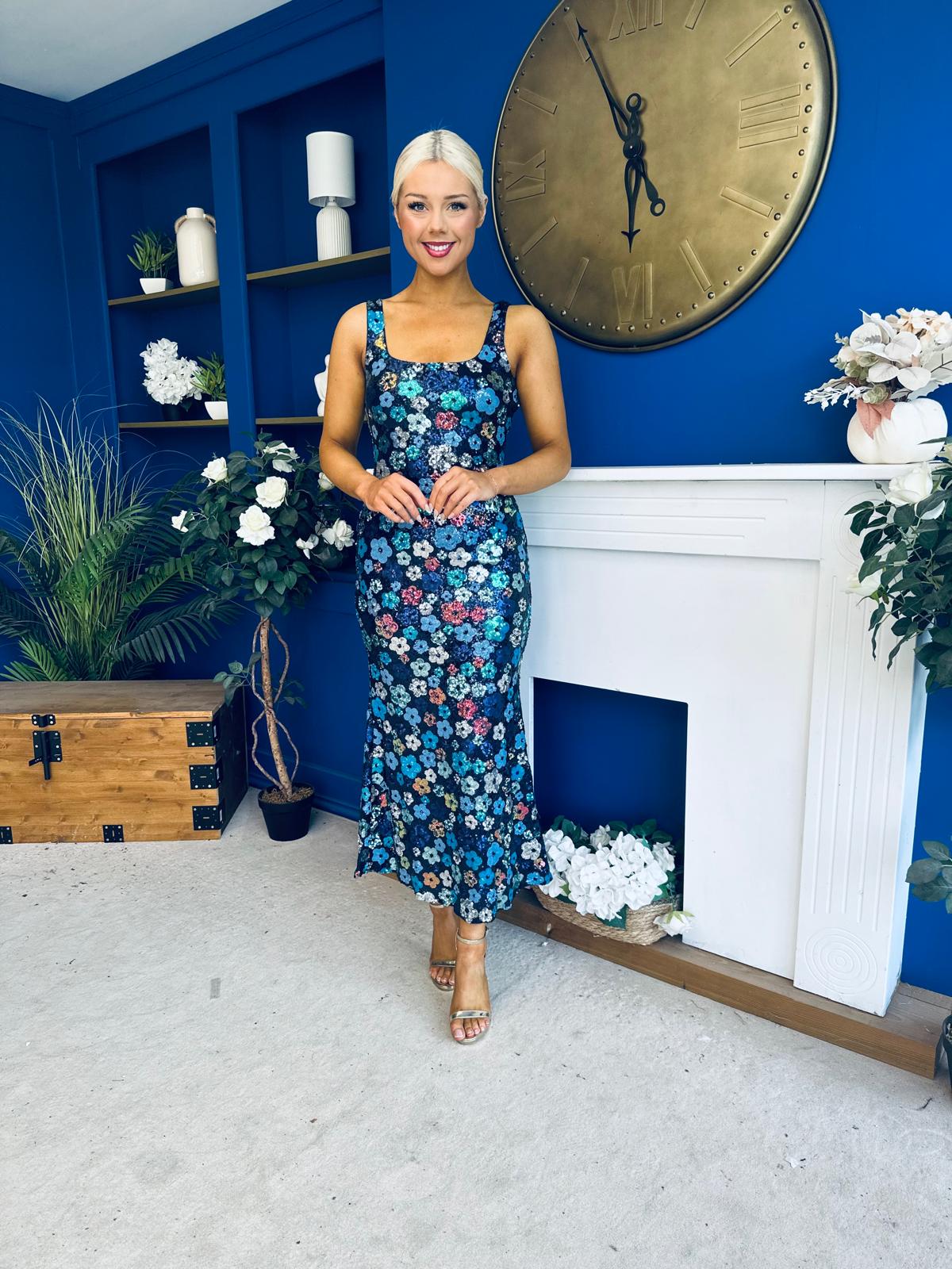 Lisbon Square Neck Sequin Midi Dress Navy