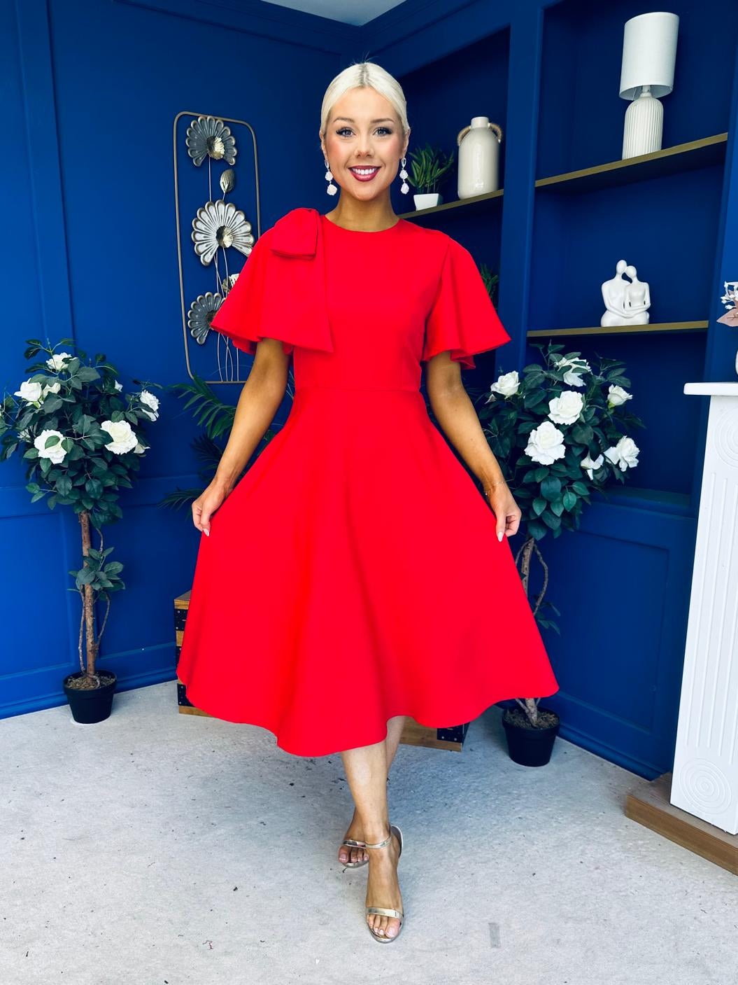 Siofra Bow Detail Midi Dress Red