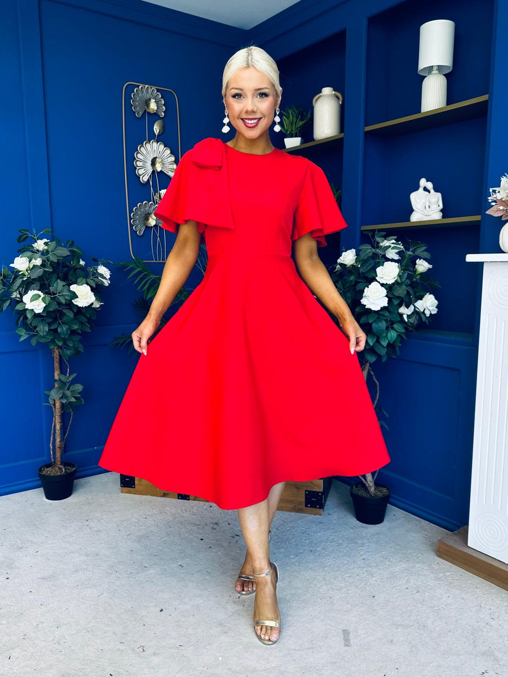 Siofra Bow Detail Midi Dress Red