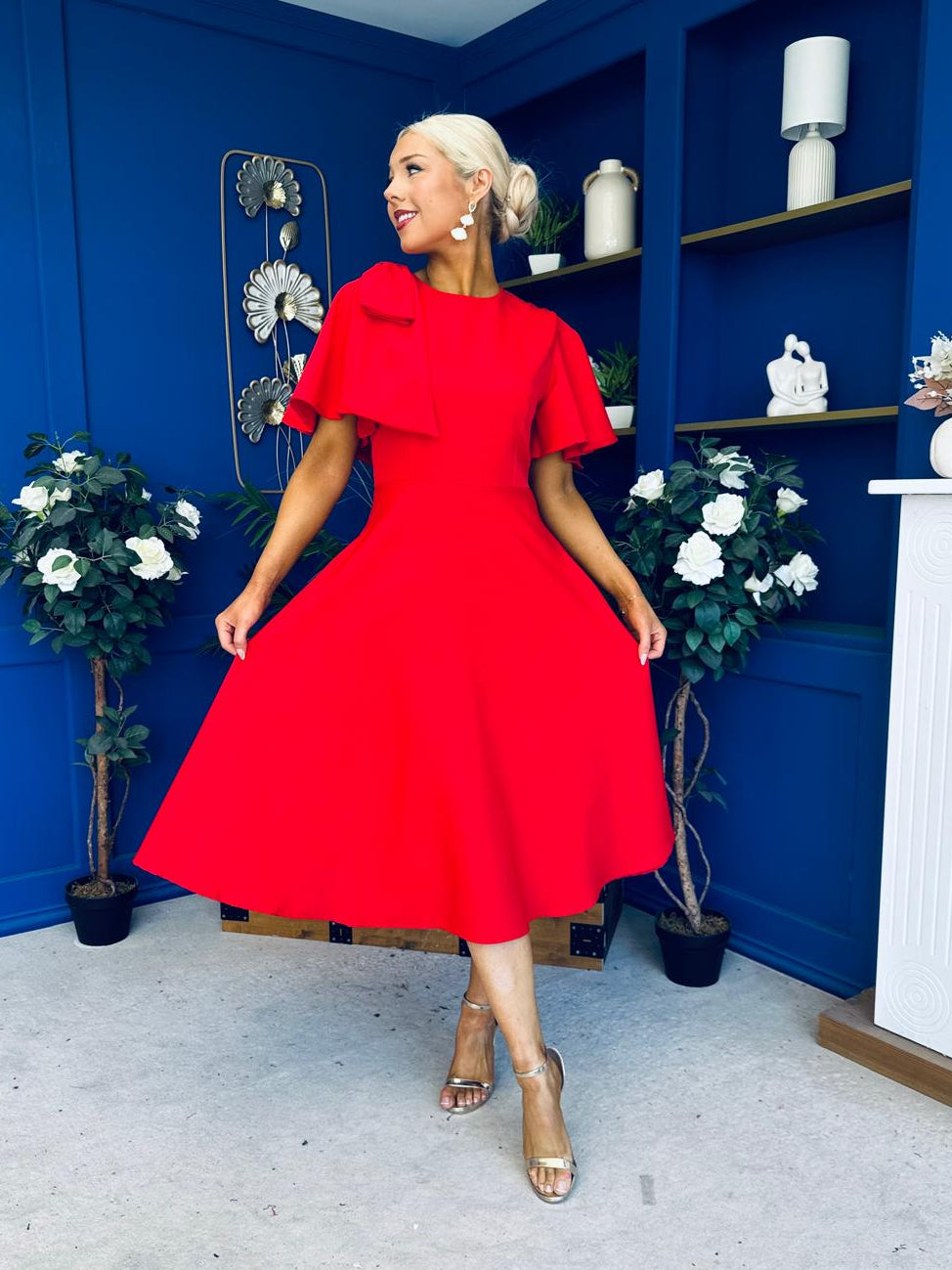 Siofra Bow Detail Midi Dress Red