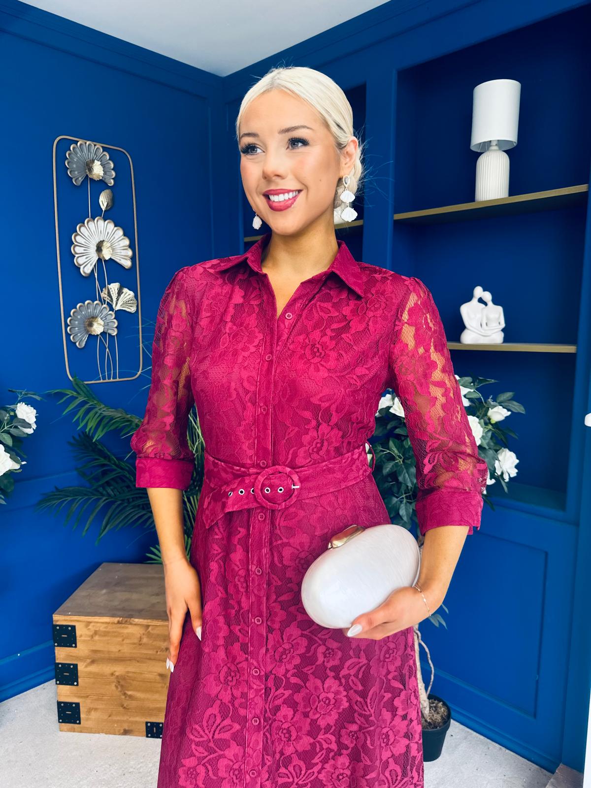 Tansy 3/4 Sleeve Lace Shirt Dress Wine