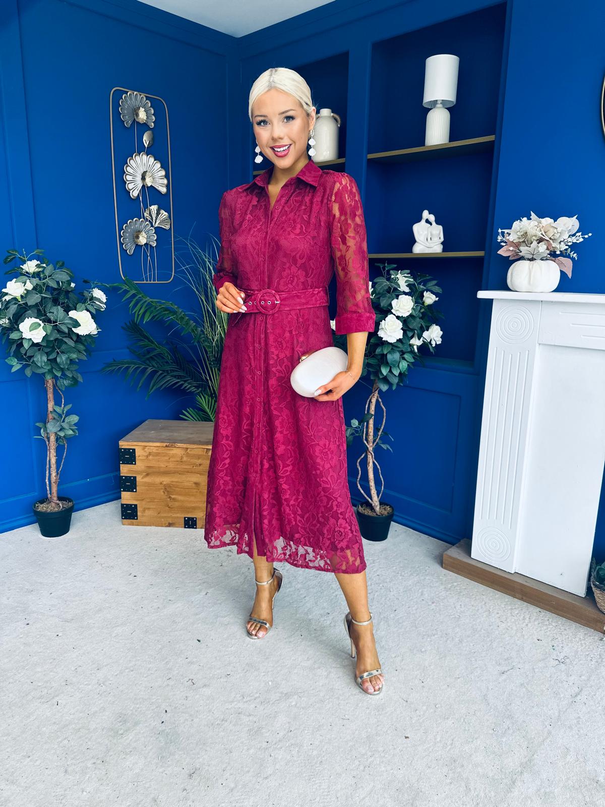 Tansy 3/4 Sleeve Lace Shirt Dress Wine