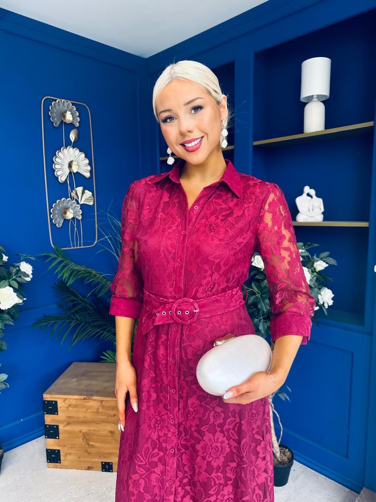 Tansy 3/4 Sleeve Lace Shirt Dress Wine