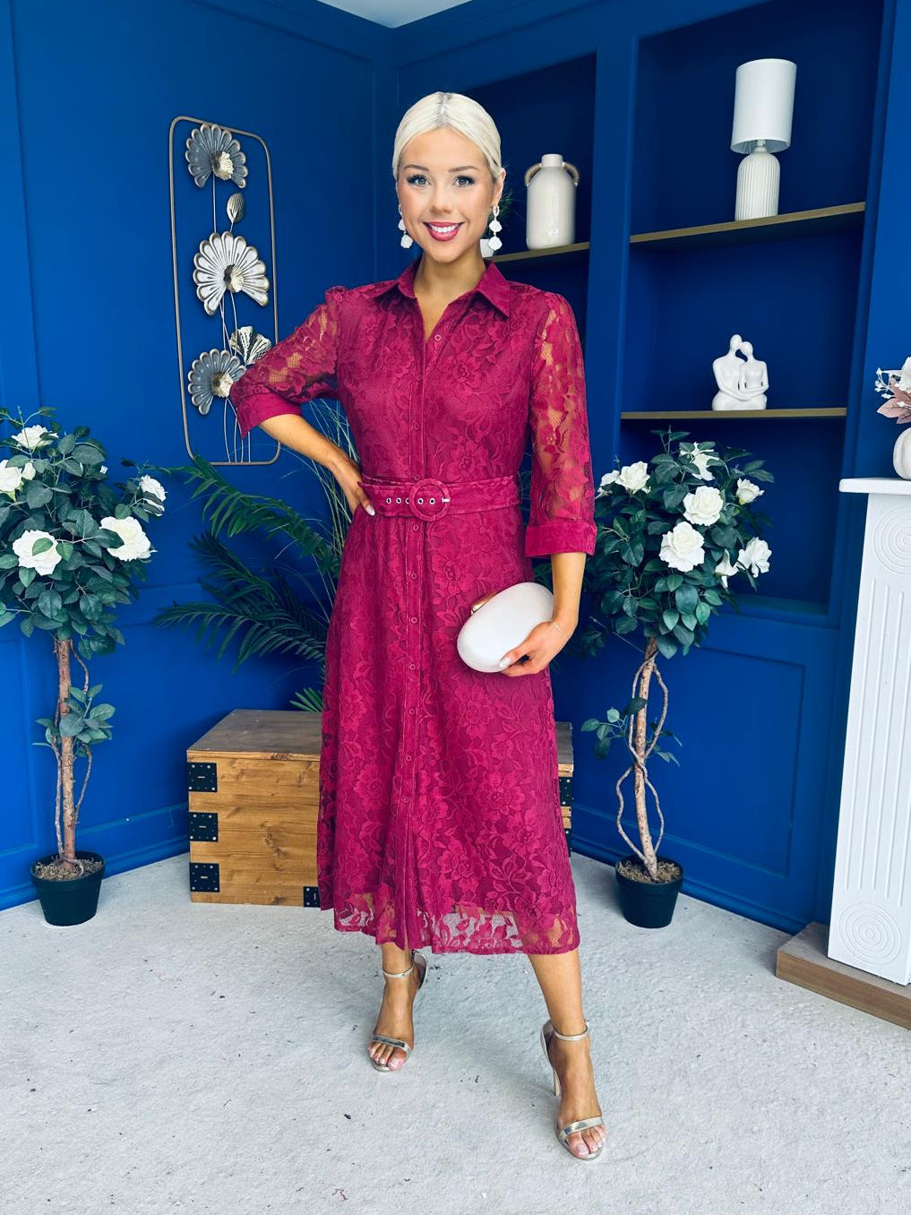 Tansy 3/4 Sleeve Lace Shirt Dress Wine