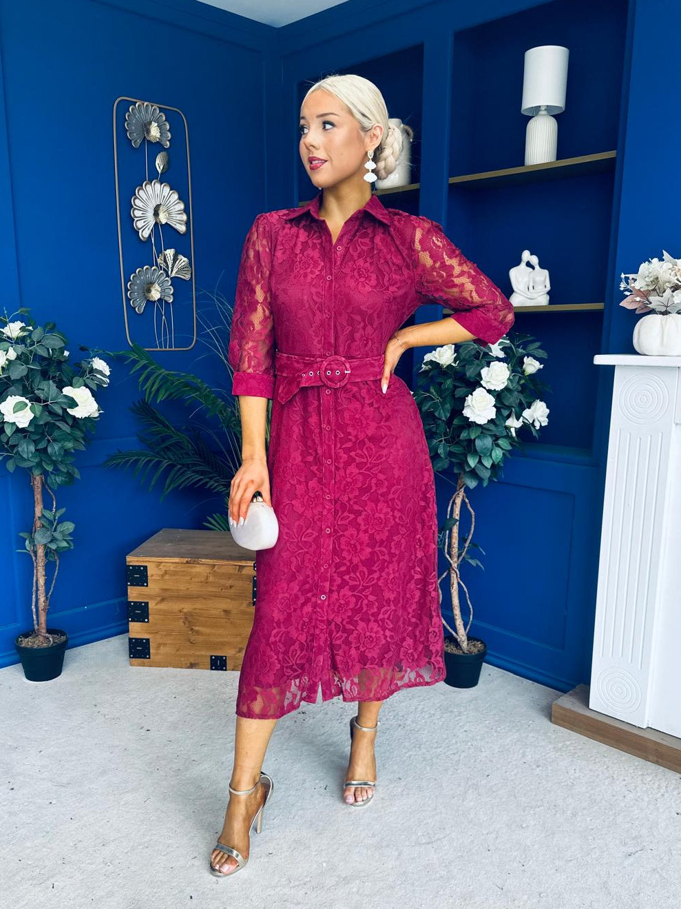 Tansy 3/4 Sleeve Lace Shirt Dress Wine
