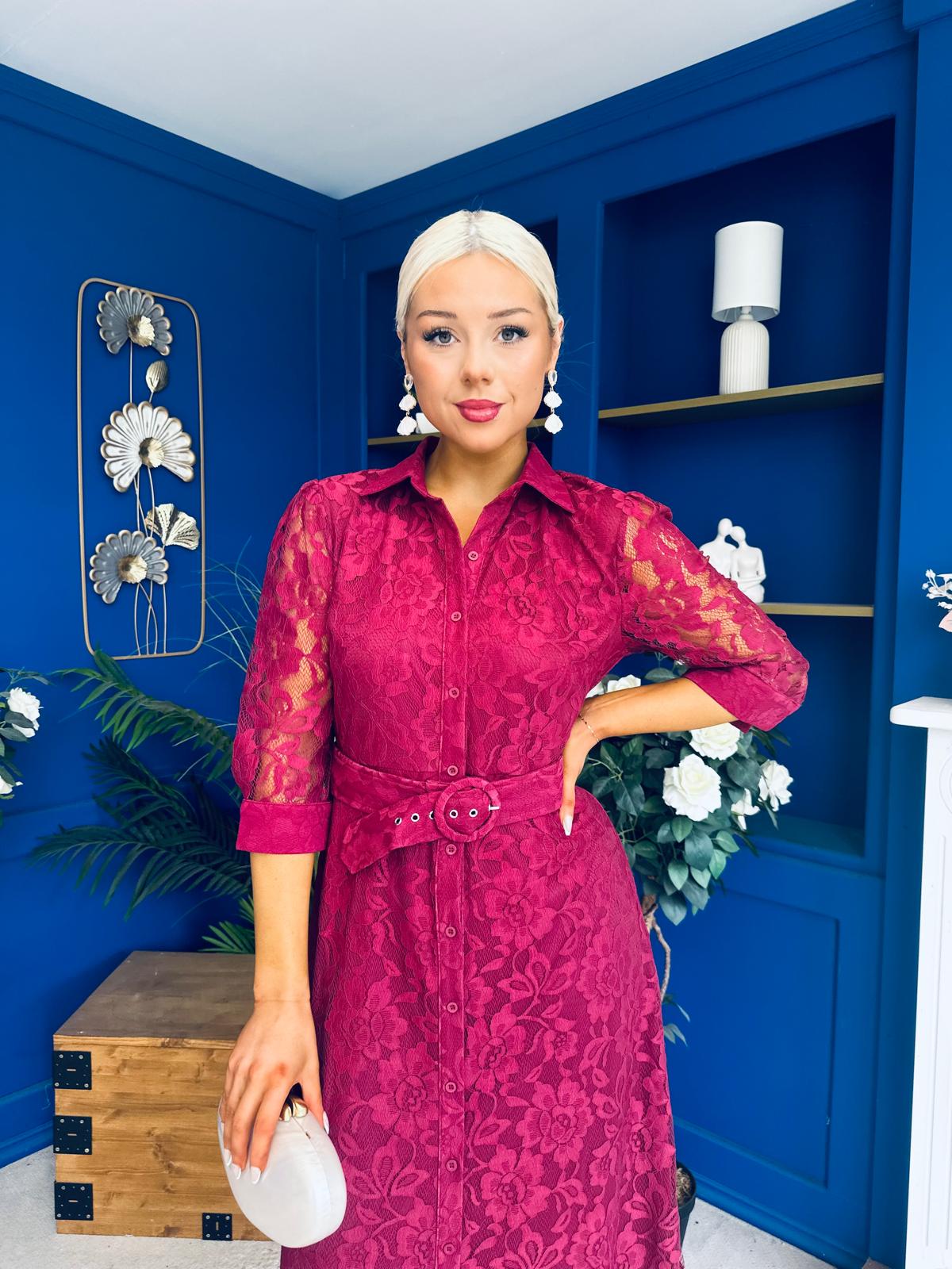 Tansy 3/4 Sleeve Lace Shirt Dress Wine