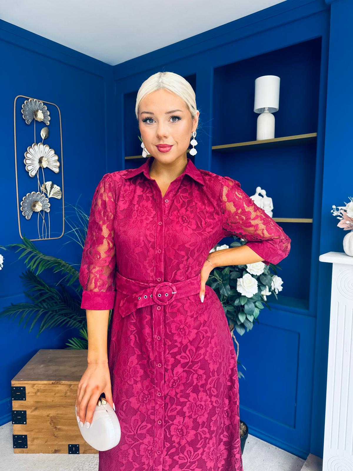 Tansy 3/4 Sleeve Lace Shirt Dress Wine