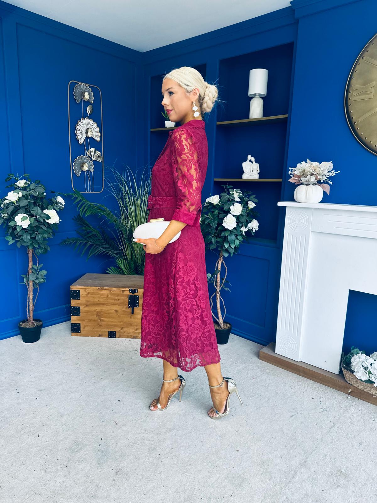 Tansy 3/4 Sleeve Lace Shirt Dress Wine