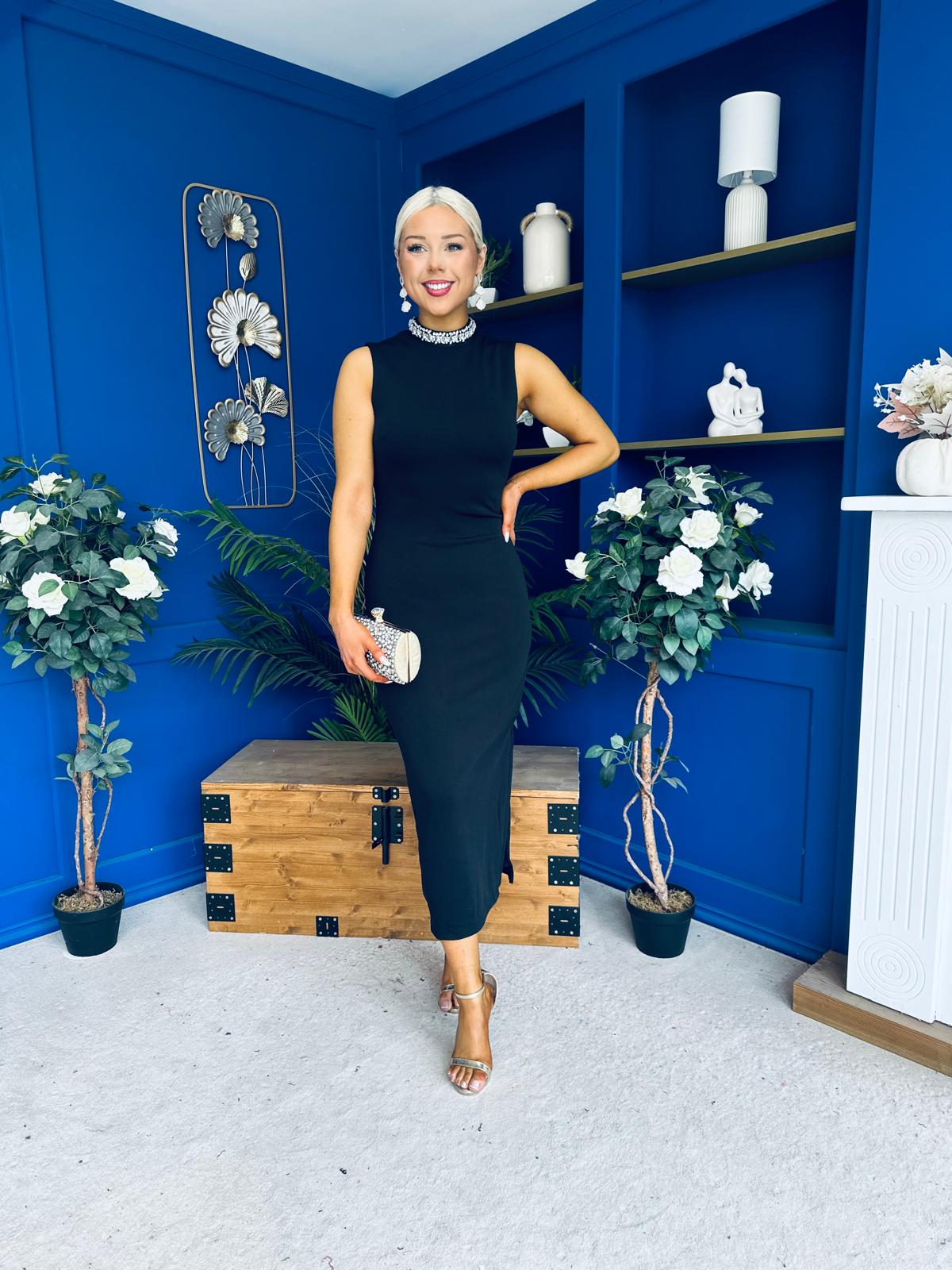 Bernice Embellished Neckline Midi Dress Black