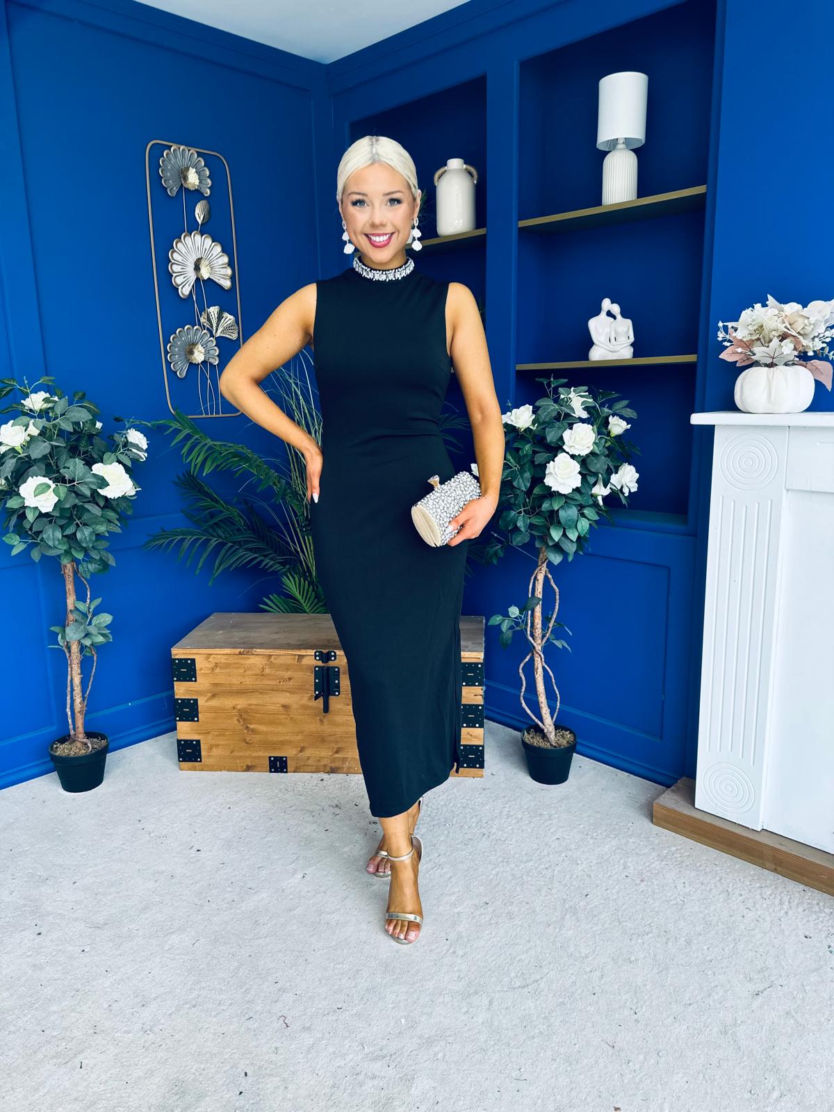 Bernice Embellished Neckline Midi Dress Black