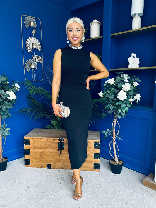 Bernice Embellished Neckline Midi Dress Black