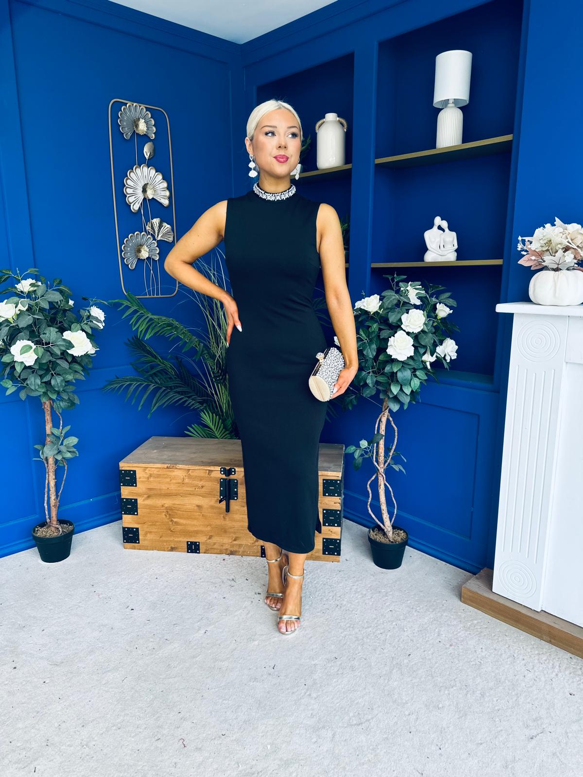 Bernice Embellished Neckline Midi Dress Black