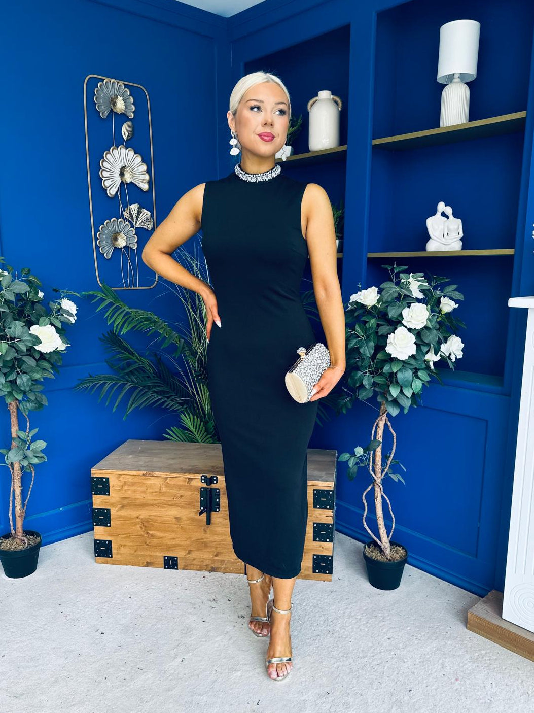 Bernice Embellished Neckline Midi Dress Black