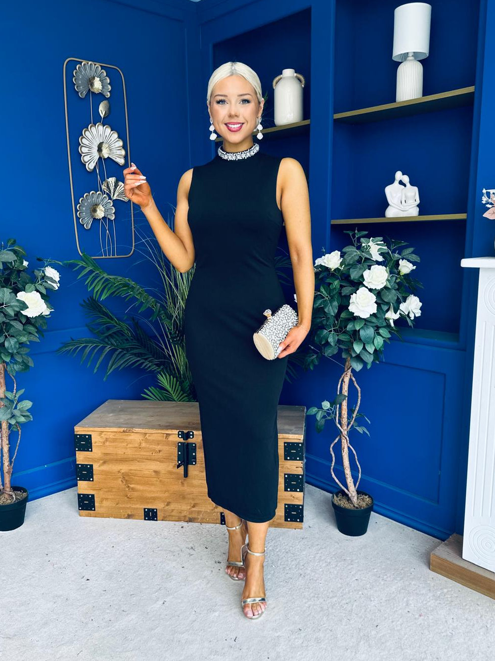 Bernice Embellished Neckline Midi Dress Black