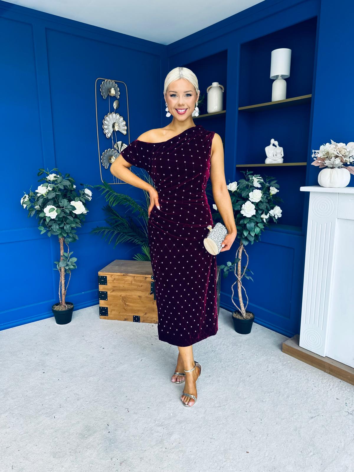 Donna Embellished Velvet Midi Dress Burgundy
