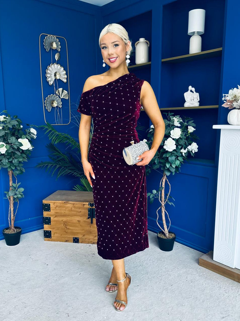 Donna Embellished Velvet Midi Dress Burgundy