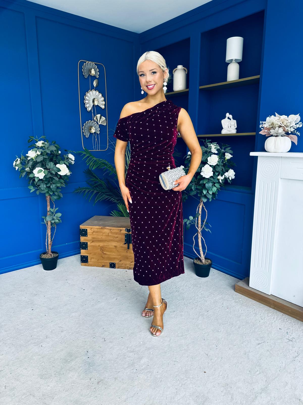 Donna Embellished Velvet Midi Dress Burgundy