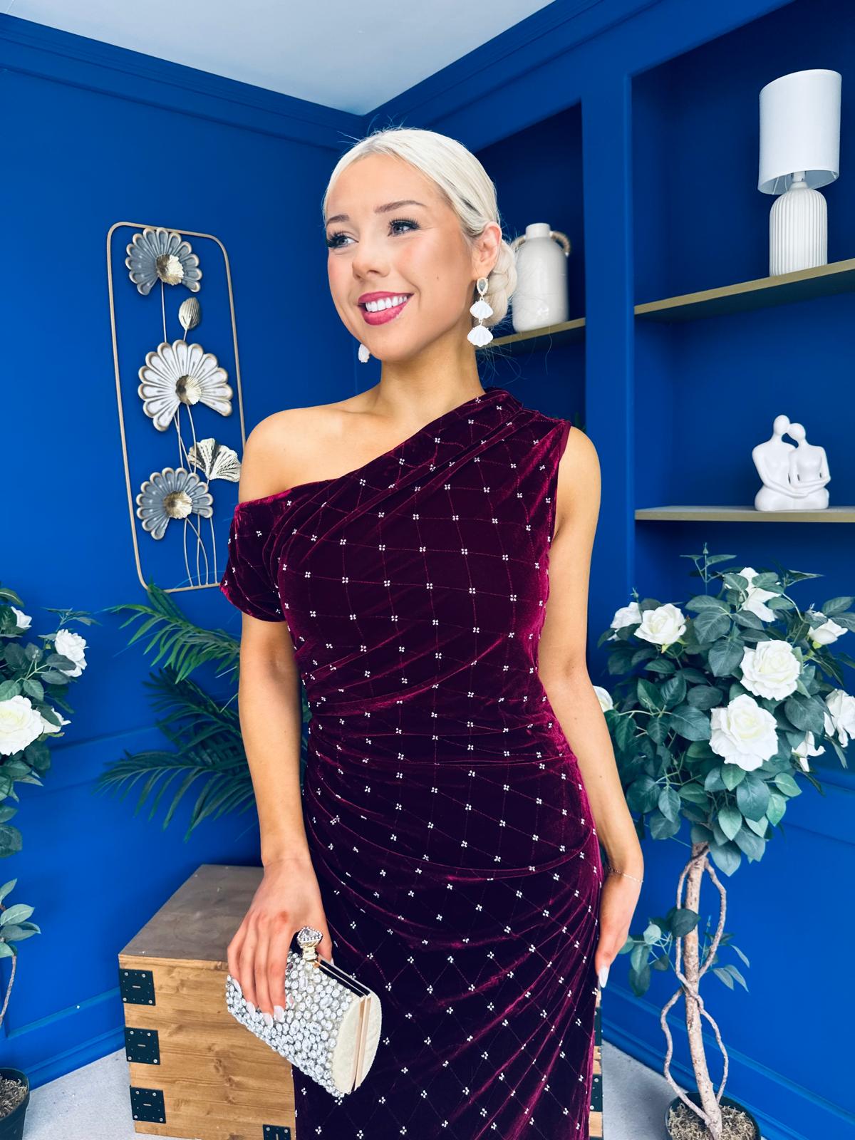 Donna Embellished Velvet Midi Dress Burgundy