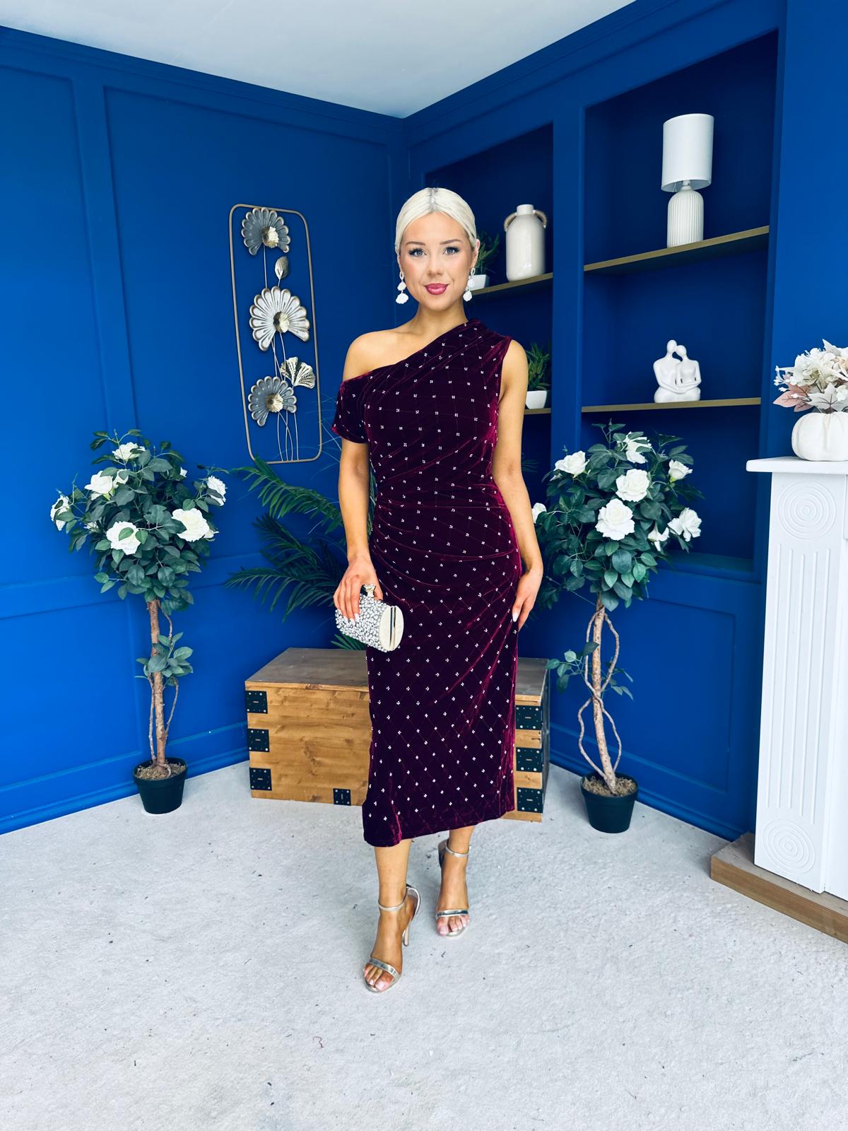 Donna Embellished Velvet Midi Dress Burgundy