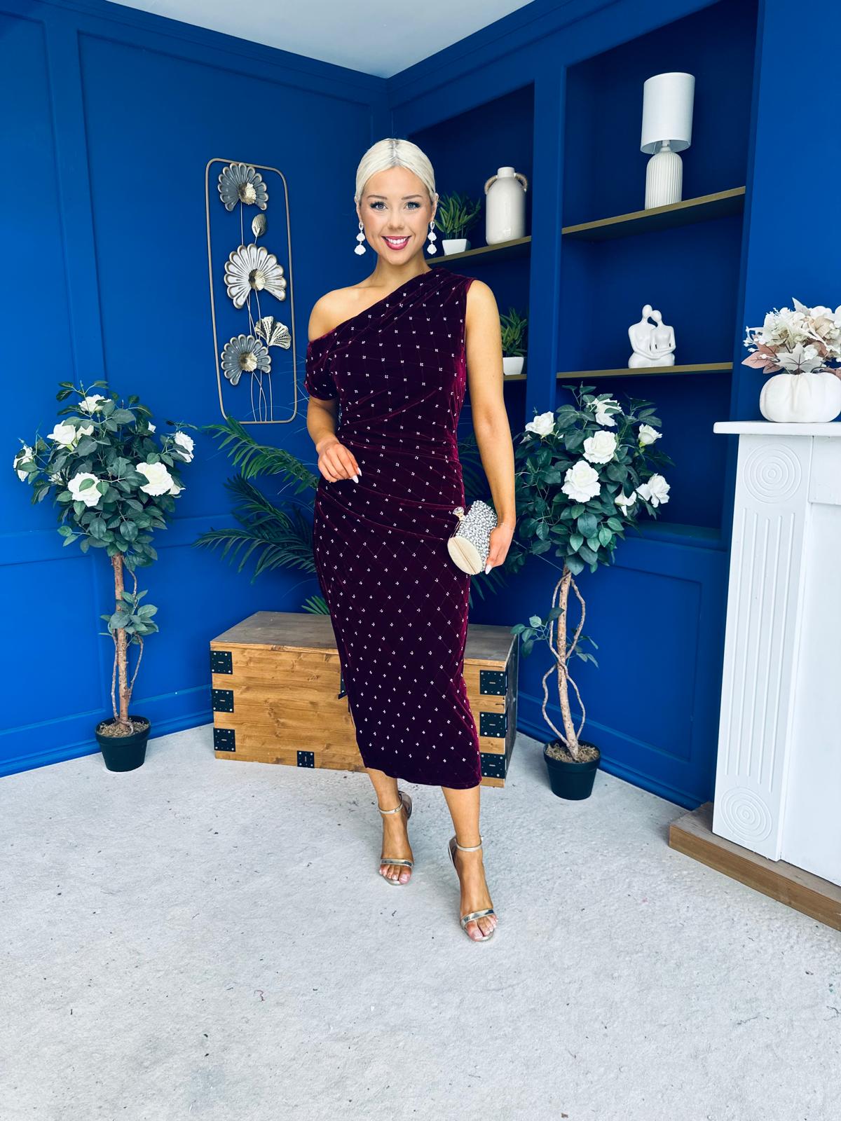 Donna Embellished Velvet Midi Dress Burgundy