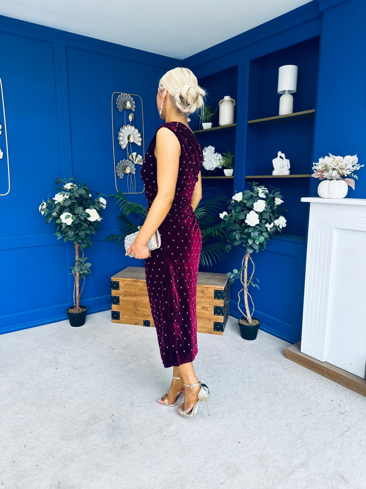 Donna Embellished Velvet Midi Dress Burgundy